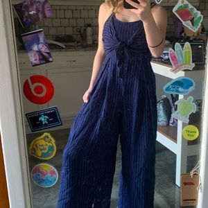 Navy and white striped jumpsuit